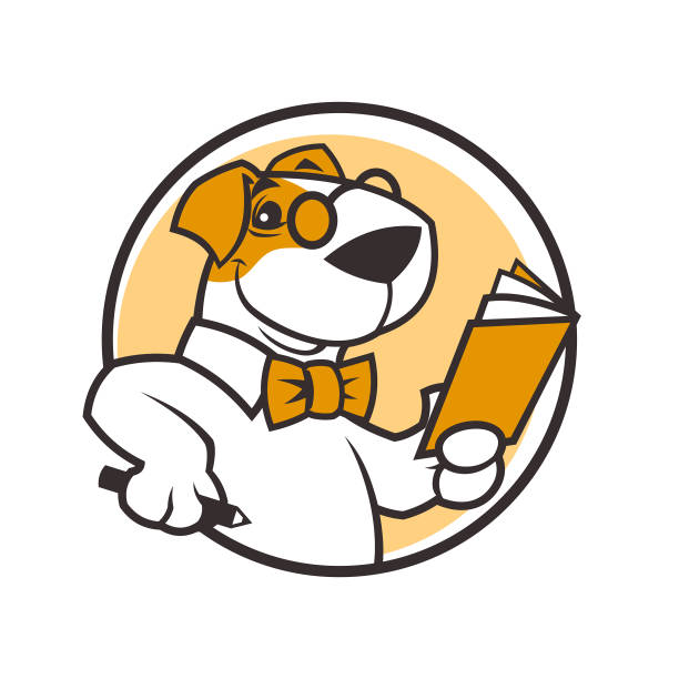 postać psa z kreskówek w okularach i muszce z książką i ołówkiem w rękach - dog education school cartoon stock illustrations
