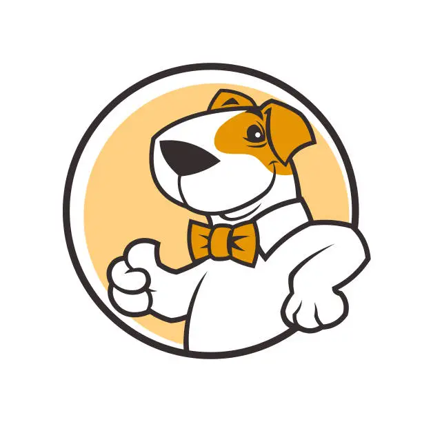 Vector illustration of Smiling cartoon dog character in bow tie with thumb up