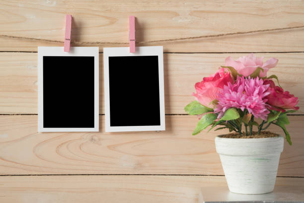 istock Instant Print Transfers Hanging Against Wall With Flowering Plant On Table 1056980290