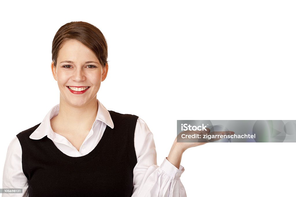 Felice sorridente donna con mano per la presentazione di prodotti o pubblicità - Foto stock royalty-free di Adulto