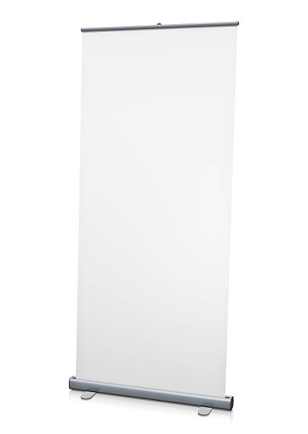 Blank roll-up or pull-up banner on a white background Blank roll-up display, known also as pop-up or pull-up banner. 3D rendered image. roll up banner photos stock pictures, royalty-free photos & images