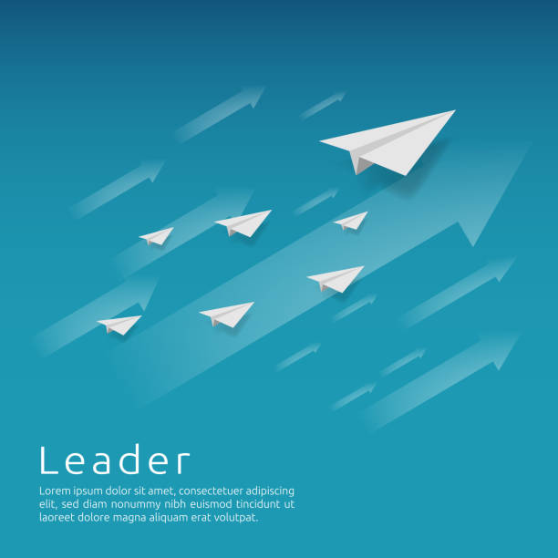 istock Business leadership and teamwork. paper plane group flying with arrow direction on blue sky. strategy, efficiency, innovation in finance concept. banner flat style vector illustration. 1056987958