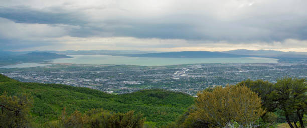 Utah Lake Wide Angle Here is a shot from the top of Buffalo Peak, this time looking west toward Utah Lake and Utah Valley.  Utah County.  Pretty dramatic sky in the late afternoon. brigham young university stock pictures, royalty-free photos & images