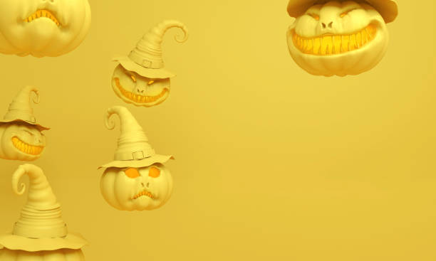 ウィッチズ ハットと黄色のパステル カラーのカボチャ頭のジャック ランタンを笑顔 - witchs ストックフォトと画像