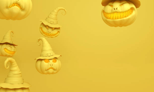 smiling yellow pastel pumpkin head jack lantern with witchs hat - witchs imagens e fotografias de stock