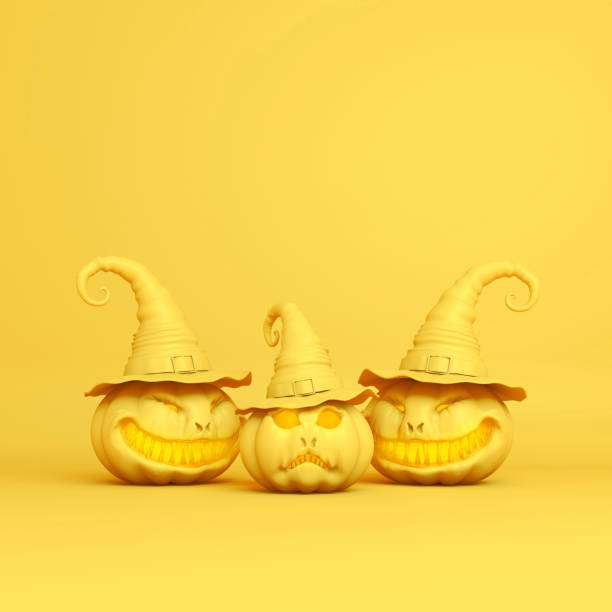 lächelnd kürbis gelb pastell kopf jack laterne mit witchs hut - witchs stock-fotos und bilder