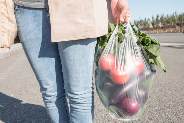 woman holding a plastic bag - tomato women green market imagens e fotografias de stock