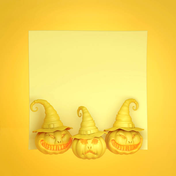 smiling yellow pastel pumpkin head jack lantern with witchs hat - witchs imagens e fotografias de stock