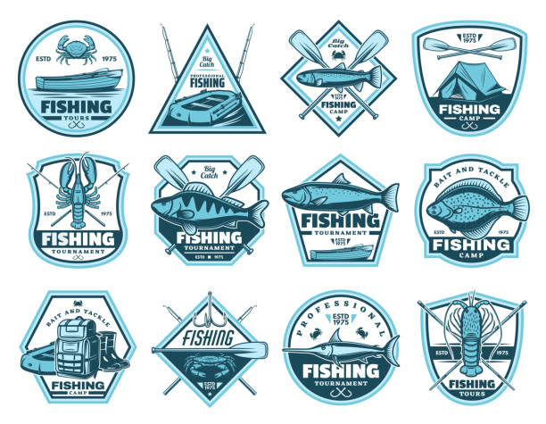 Fishing camp, tournament vector icons Fishing tournaments and camps icons. Fishery and hiking sport equipment vector signs. Backpack and inflatable boat, tent and crayfish, trout and crab, lobster and salmon, boots and paddles fishing stock illustrations