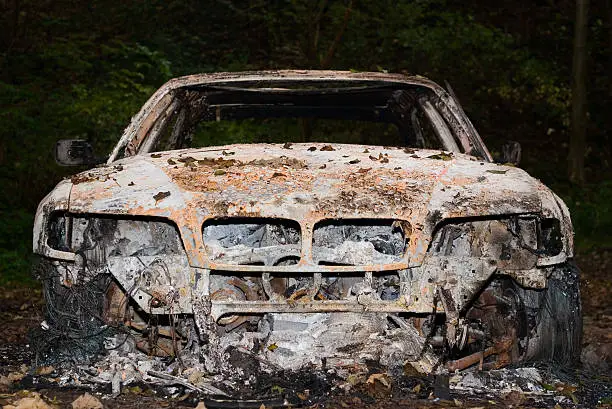 Torched car in the woods