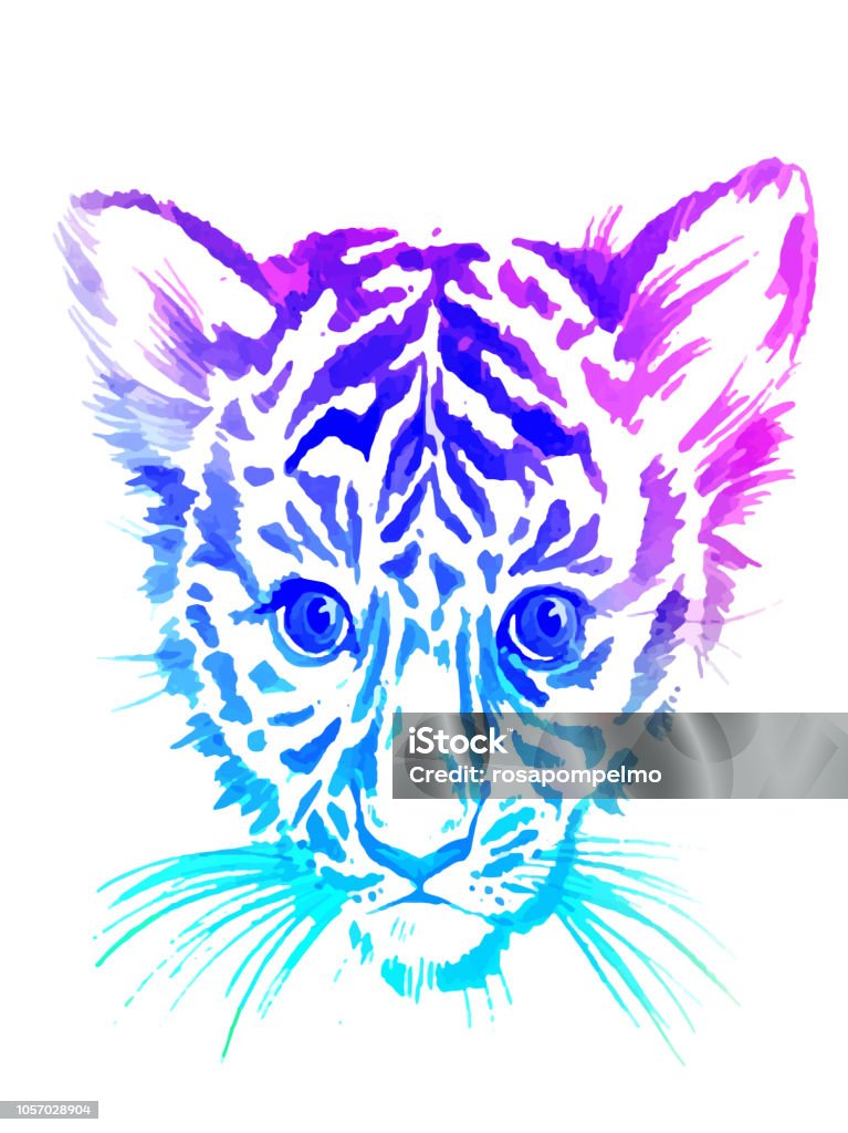 illustration of tiger cub. Sweet cub portrait in watercolors, in gradient colors. watercolor  rainbow colorful illustration of a cute baby tiger cub. Striped kitten portrait. Gradient colors pink-purple-blue. Lion Cub stock illustration