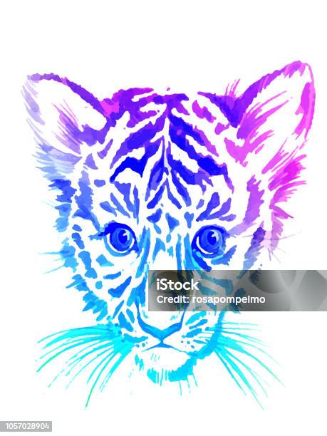 Illustration Of Tiger Cub Sweet Cub Portrait In Watercolors In Gradient Colors Stock Illustration - Download Image Now