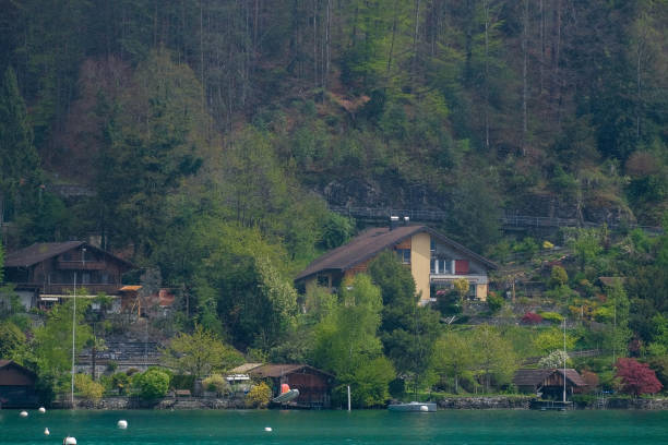istock Greenery village among forest with beautiful left and right side of forests in shadow in Thun, Switzerland. 1057030292