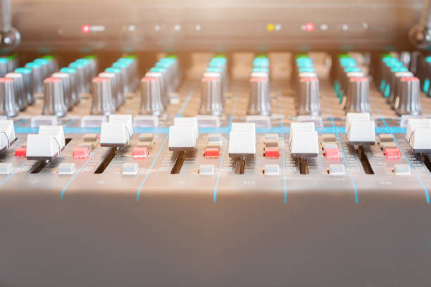 istock Close up fader of sound mixer old Volume adjusting knobs controller in control room 1057042342