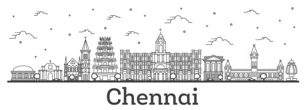 ilustrações de stock, clip art, desenhos animados e ícones de outline chennai india city skyline with historic buildings isolated on white. - india car people business
