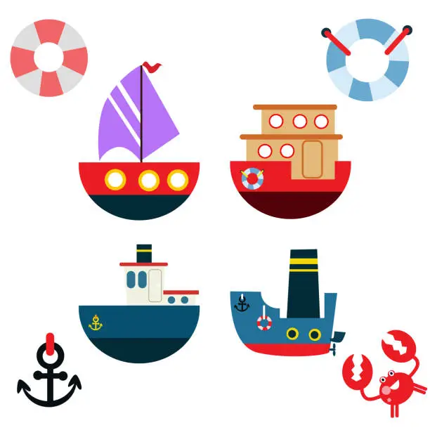 Vector illustration of various types of ships with buoys, anchor and crab, cartoon character