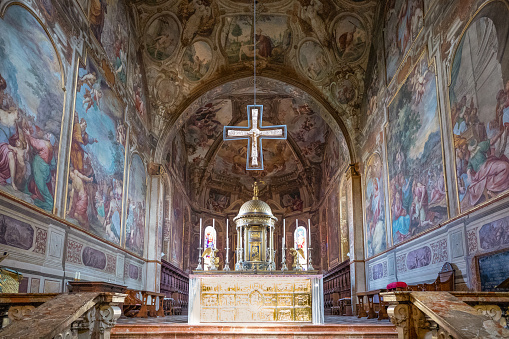 Monza, Italy - March 27, 2018: The extraordinary paintings and decorations of the presbytery of the  Cathedral