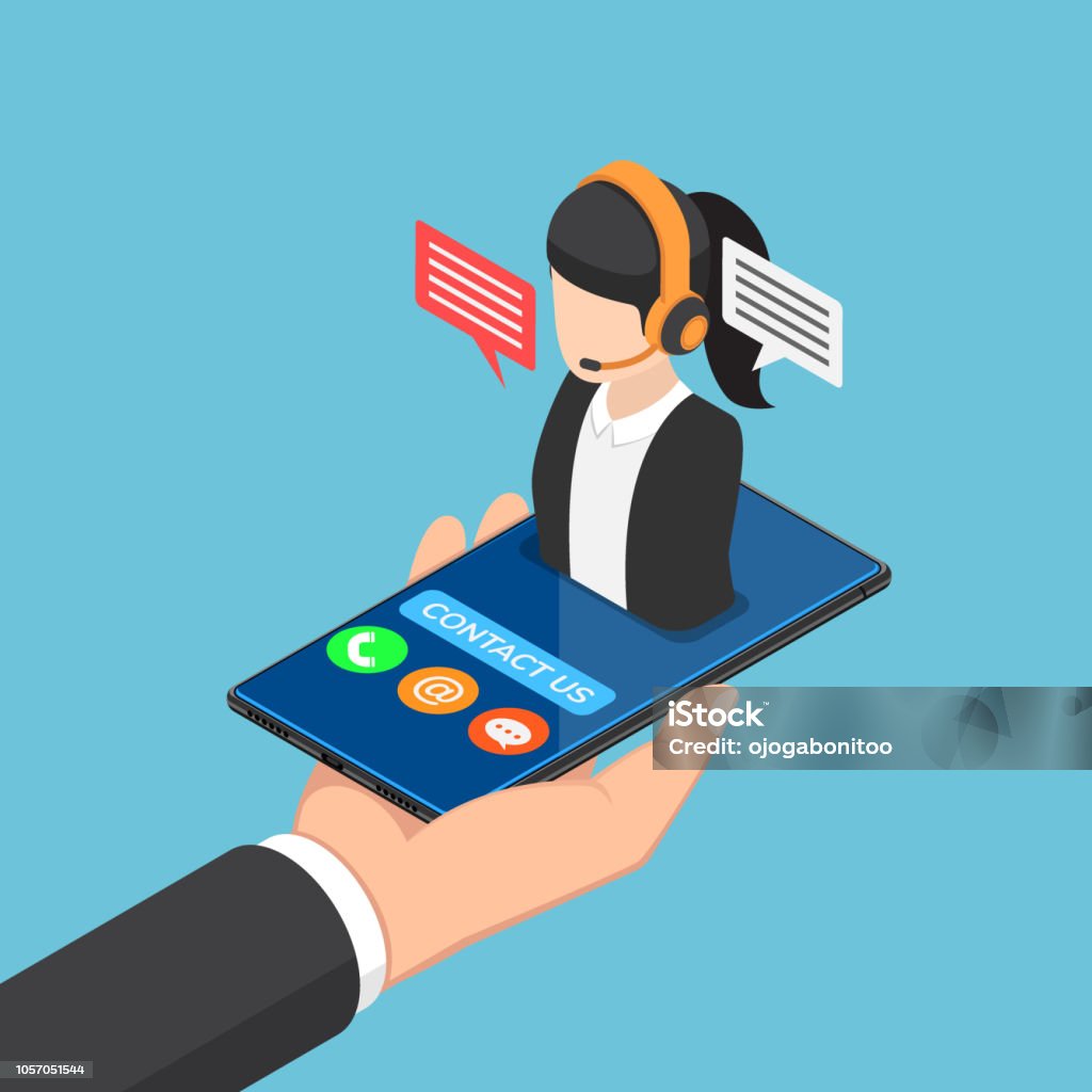 Isometrische zakenman hand met smartphone met vrouwelijke call center pictogram - Royalty-free Isometrische projectie vectorkunst