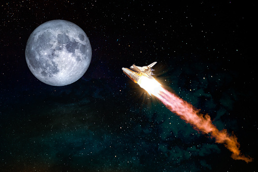 Spaceship taking off on a mission to the Moon, conceptual travel to the moon collage. Rocket flying in the space with fool moon. Elements of this image furnished by NASA.