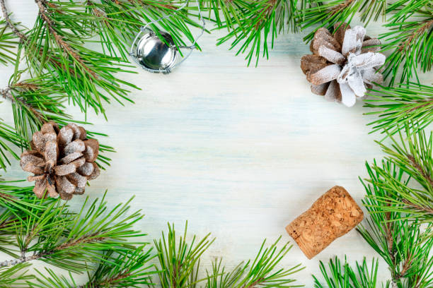 istock Christmas frame with fir tree branches, cones, snow, and a champagne cork with copy space, shot from above on a light background 1057056224