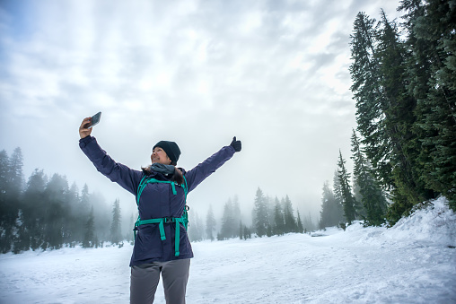 Eurasian young woman at Mount Seymour Provincial Park, North Vancouver, British Columbia, Canada.