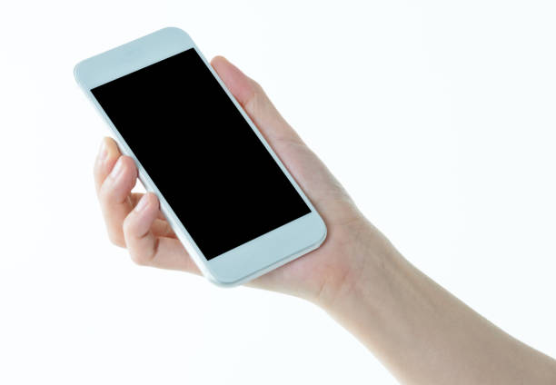 Woman hand holding smart phone on white background.