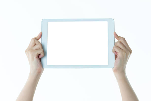 Woman hand holding a digital tablet on white background.