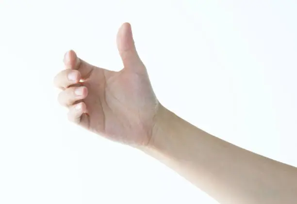 Woman hand holding gesture on white background.