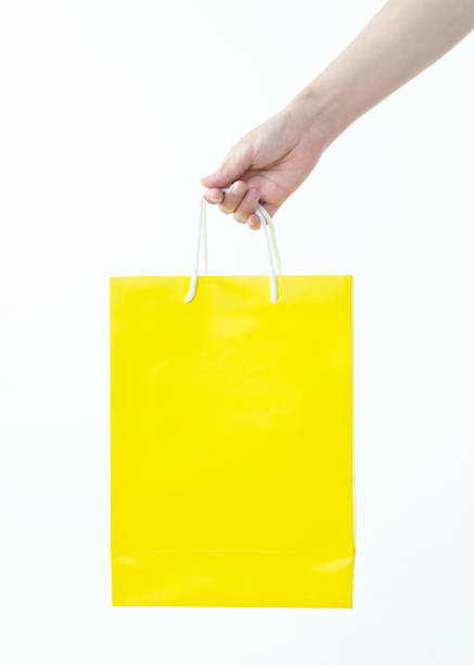 Woman hand holding shopping bag on white background.