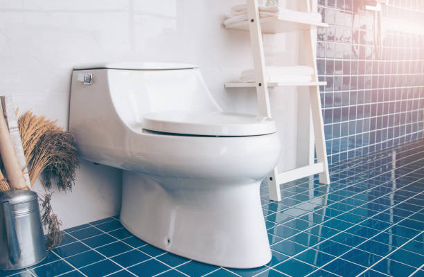 istock Modern spacious bathroom with Blue tiles with toilet and shelves. Side view 1057067376