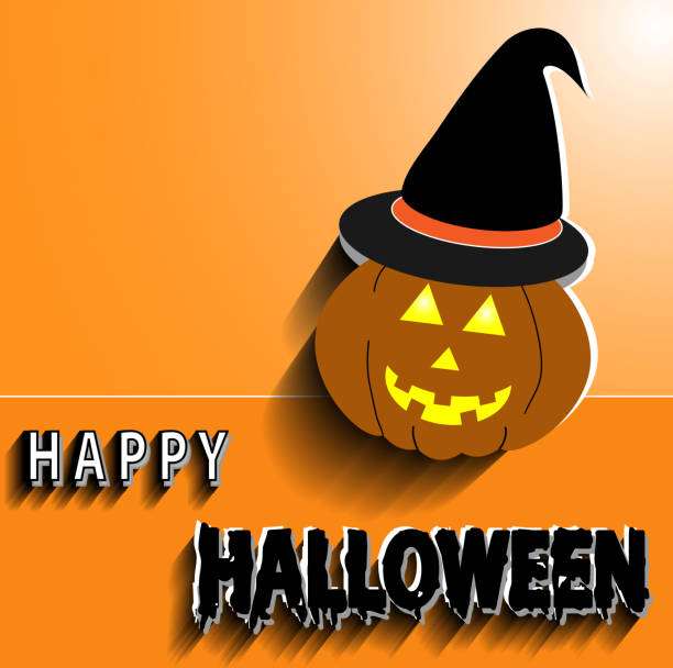 Orange background, vector illustration, pumpkin halloween, black hat with text, happy hello background for making labels, cards, banner