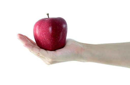 Woman hand holding red apple on white background.
