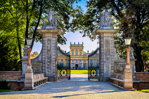Warszawa, Poland - July 22, 2014:The entrance gate to the restored baroque Wilanow Royal Palace, Warsaw, Poland