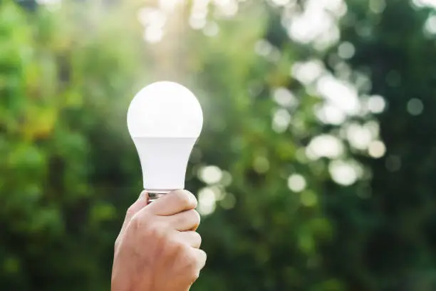 Photo of hand holding led bulb  on green nature background and sunshine. concept eco