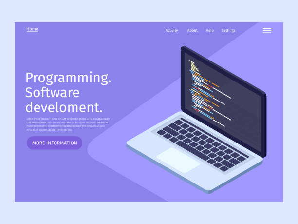 ilustraciones, imágenes clip art, dibujos animados e iconos de stock de desarrollo de software y programación en isométrico ilustración. plantilla de página de aterrizaje. - rellano