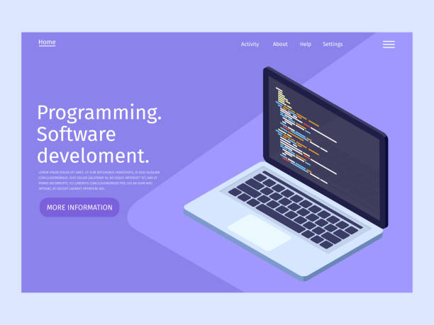 Software development and programming in isometric illustration. Landing page template. Software development and programming in isometric illustration. computer programmer illustrations stock illustrations