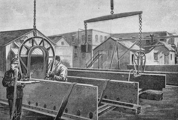 Application of pressurized air riveting machines in bridge construction Illustration from 19th century riveting stock illustrations