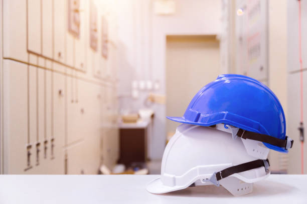 istock Standard construction safety equipment in control room, Construction and Safety Concept. 1057088024