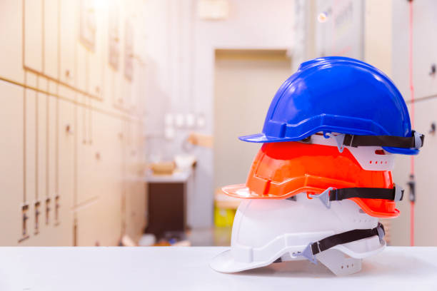 istock Standard construction safety equipment in control room, Construction and Safety Concept. 1057088066