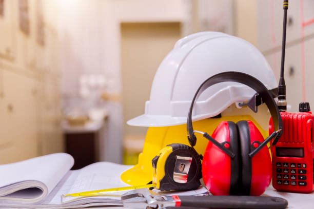 istock Standard construction safety equipment in control room, Construction and Safety Concept. 1057089028