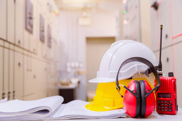 istock Standard construction safety equipment in control room, Construction and Safety Concept. 1057090068