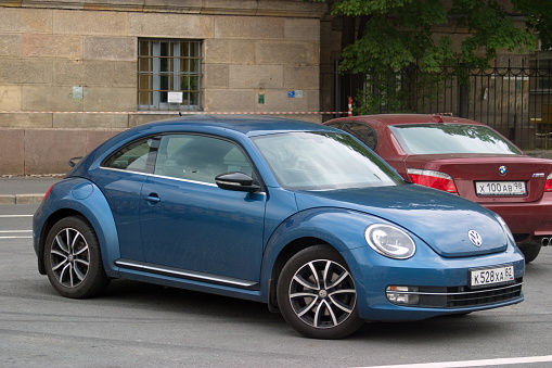 Saint Petersburg, Russia - August 25, 2018: Volkswagen Beetle of the third generation 2011 is parked in the city center.