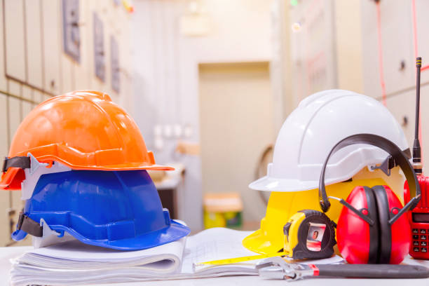 istock Standard construction safety equipment in control room, Construction and Safety Concept. 1057090170