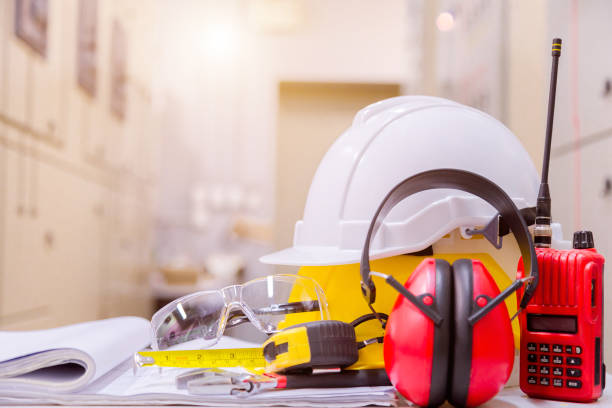 istock Standard construction safety equipment in control room, Construction and Safety Concept. 1057090222