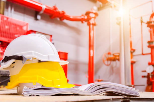 istock Standard construction safety equipment in control room, Construction and Safety Concept. 1057090242