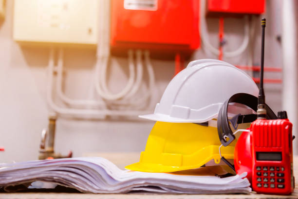 istock Standard construction safety equipment in control room, Construction and Safety Concept. 1057090338