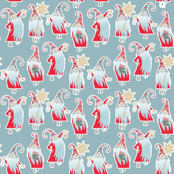 Vector illustration of Scandinavian Christmas tradition. Multi-colored gnomes with gifts, a candle, a bell and a Christmas star. Seamless background pattern.