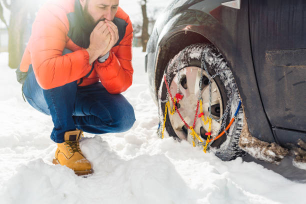istock man putting snow chains on car tire 1057094568