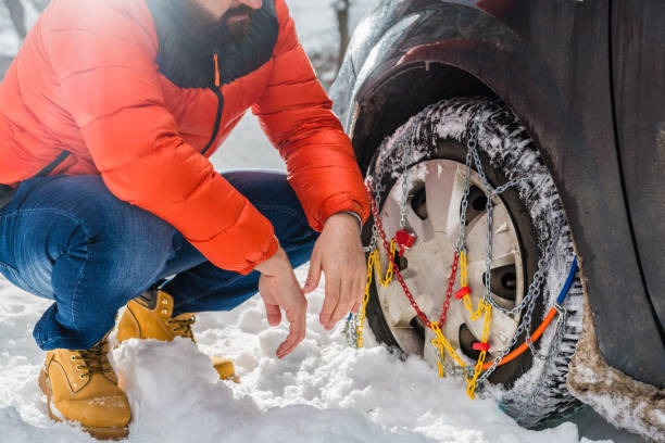 istock man putting snow chains on car tire 1057094772