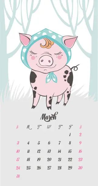 Vector illustration of Set of cute pig cartoon characters. Chinese symbol of the 2019 year. Happy New Year. Cute funny piggy illustration.